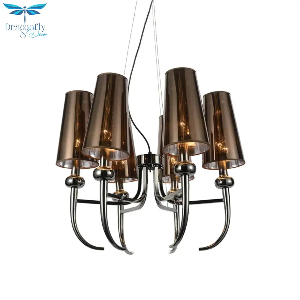 6 Bulbs Deep Cone Chandelier Light Rustic Black Iron Hanging Pendant With Horn Decor
