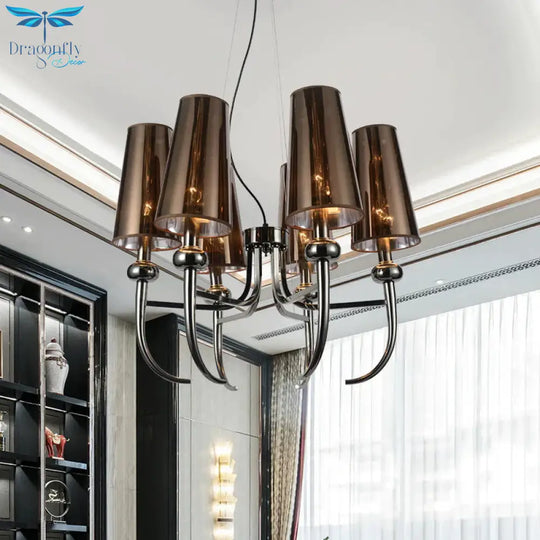 6 Bulbs Deep Cone Chandelier Light Rustic Black Iron Hanging Pendant With Horn Decor