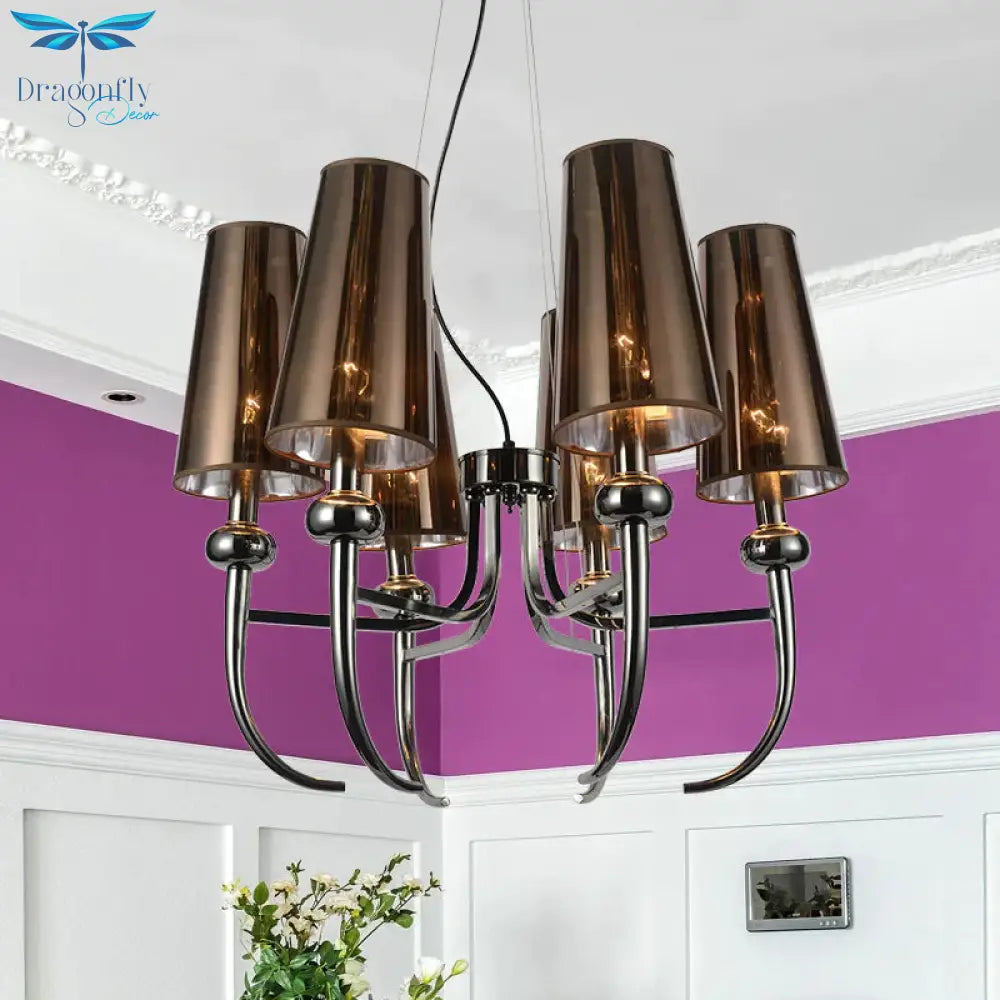 6 Bulbs Deep Cone Chandelier Light Rustic Black Iron Hanging Pendant With Horn Decor