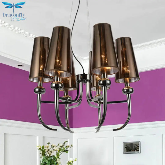 6 Bulbs Deep Cone Chandelier Light Rustic Black Iron Hanging Pendant With Horn Decor