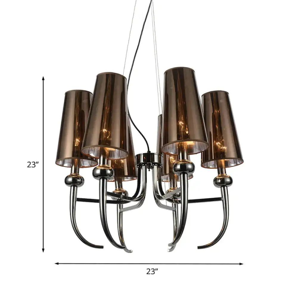 6 Bulbs Deep Cone Chandelier Light Rustic Black Iron Hanging Pendant With Horn Decor