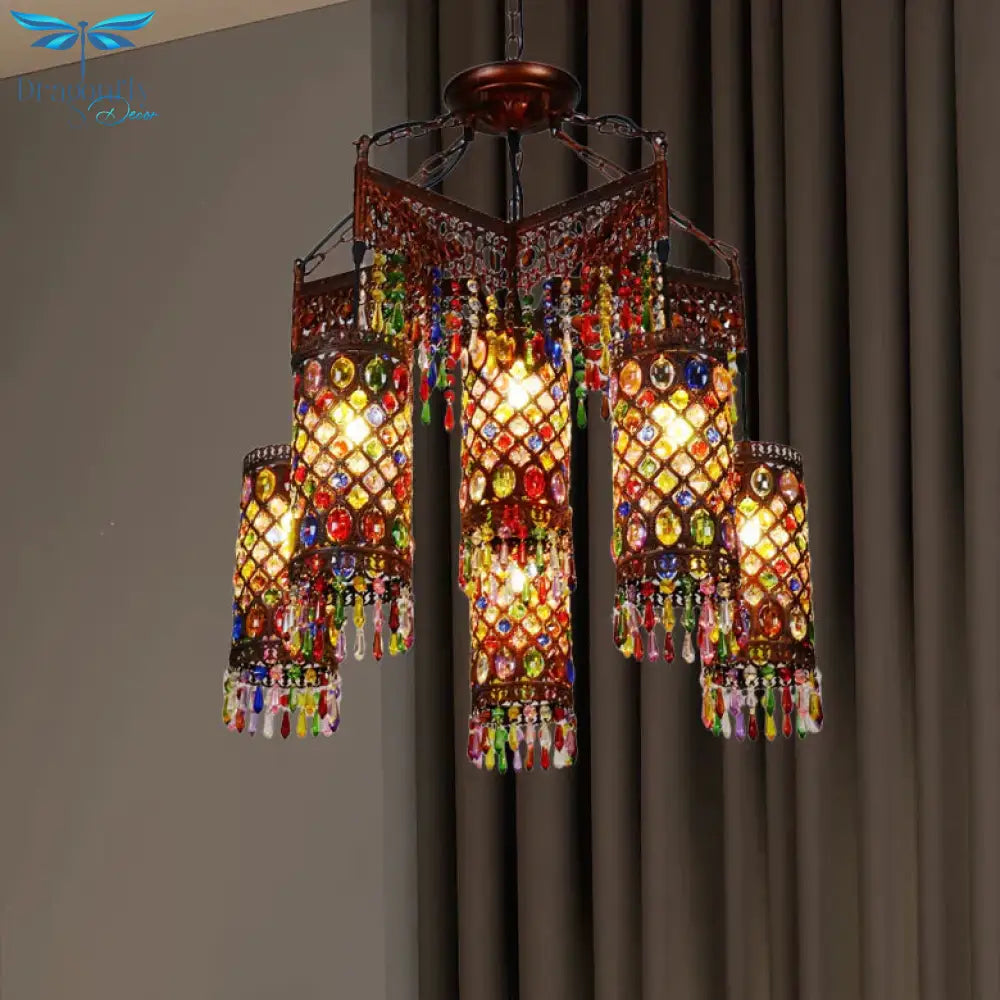 6 Bulbs Hanging Chandelier Bohemian Cylinder Metal Pendant Light Fixture In Copper For Living Room