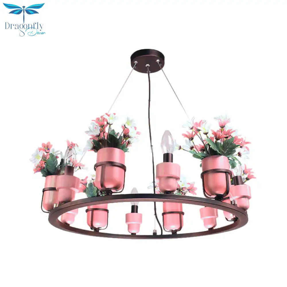6 Bulbs Metal Chandelier Industrial Pink/Blue Circular Pendant Light Kit With Candle Design