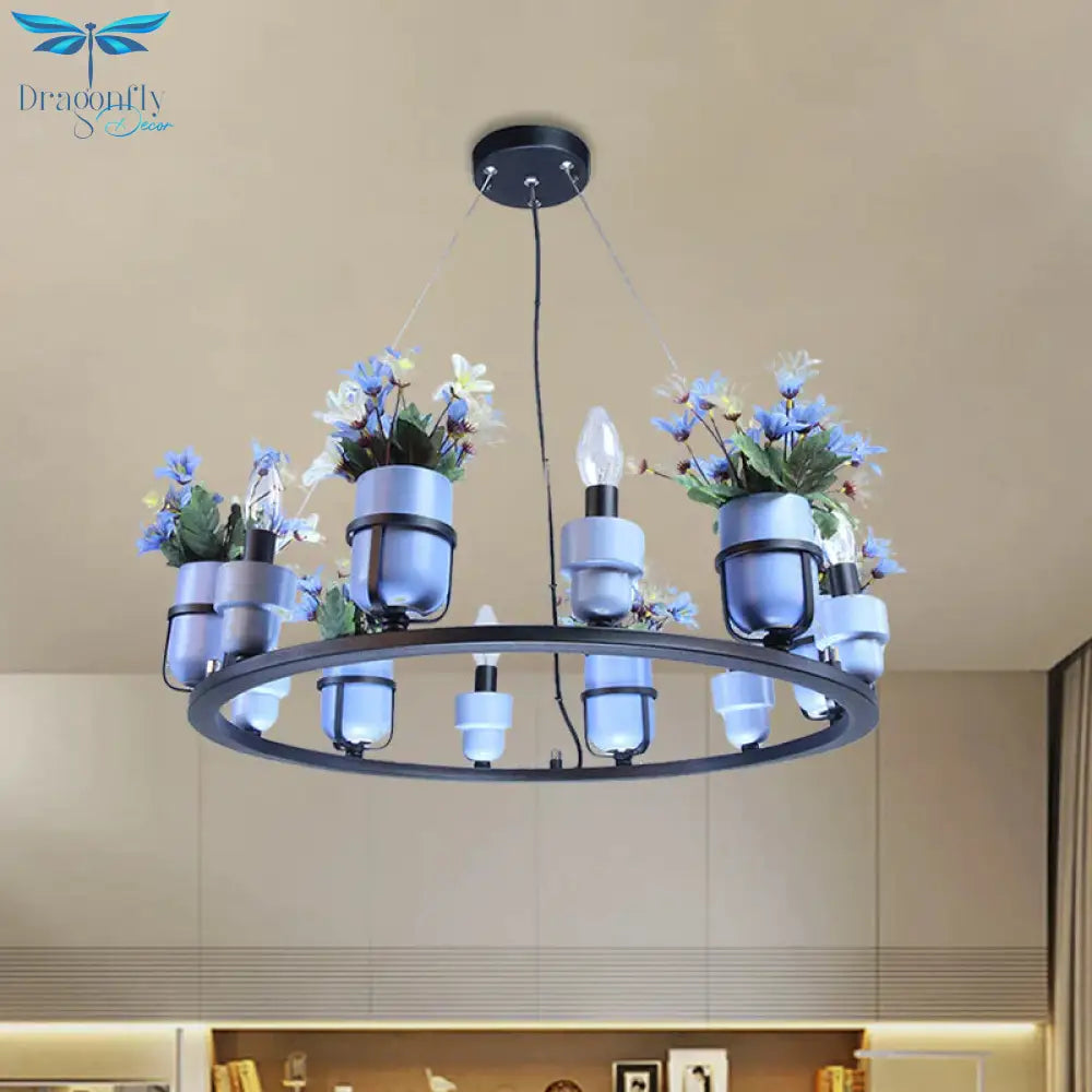 6 Bulbs Metal Chandelier Industrial Pink/Blue Circular Pendant Light Kit With Candle Design