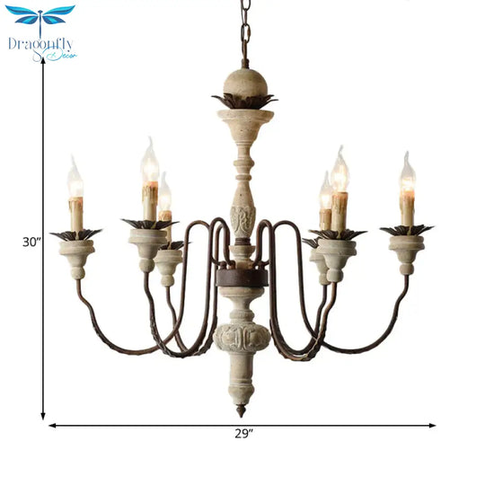 6 Bulbs Starburst Ceiling Chandelier Traditional Wood Suspended Lighting Fixture In Grey