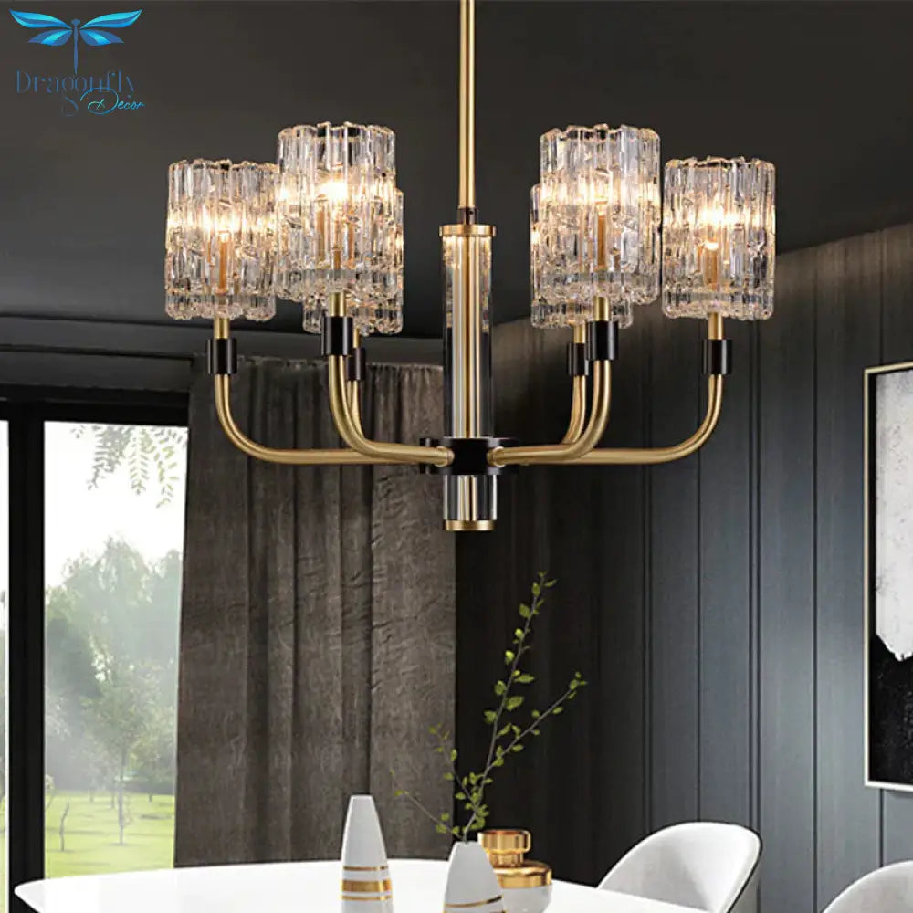 6 - Head Clear Crystal Pendant Traditionalist Gold Cylindrical Restaurant Chandelier Light Fixture