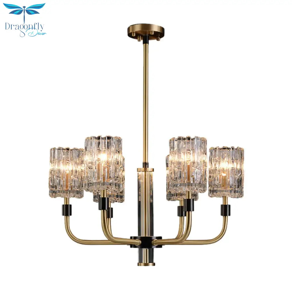 6 - Head Clear Crystal Pendant Traditionalist Gold Cylindrical Restaurant Chandelier Light Fixture