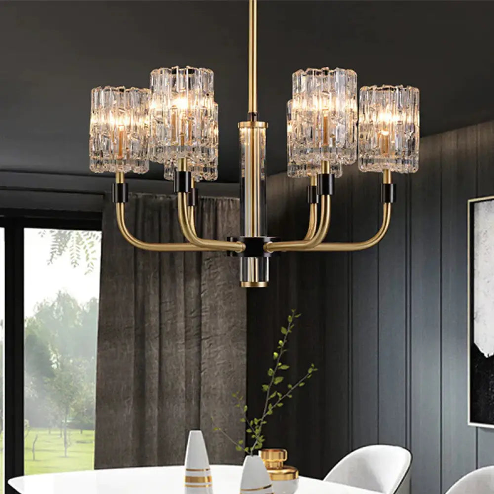6 - Head Clear Crystal Pendant Traditionalist Gold Cylindrical Restaurant Chandelier Light Fixture