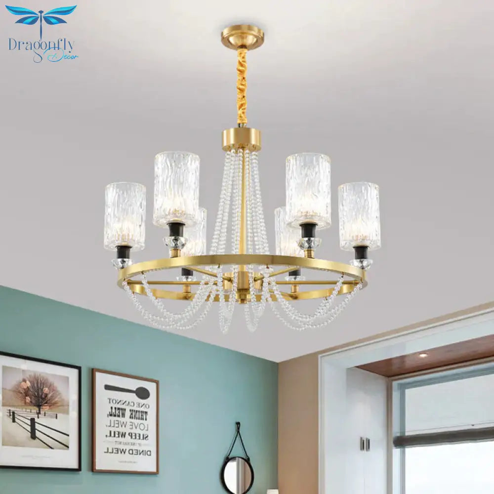 6 - Head Cylinder Chandelier Lamp Postmodern Gold Wavy Crystal Hanging Ceiling Light