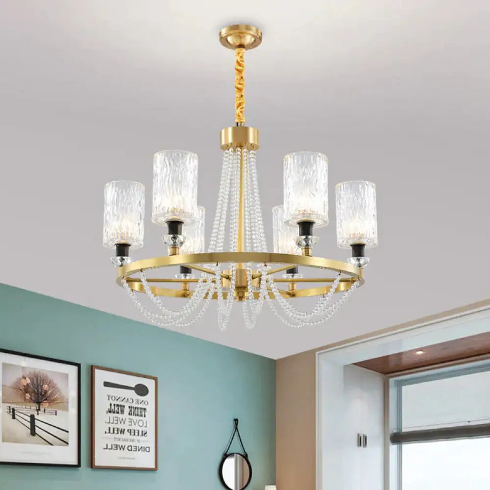 6 - Head Cylinder Chandelier Lamp Postmodern Gold Wavy Crystal Hanging Ceiling Light