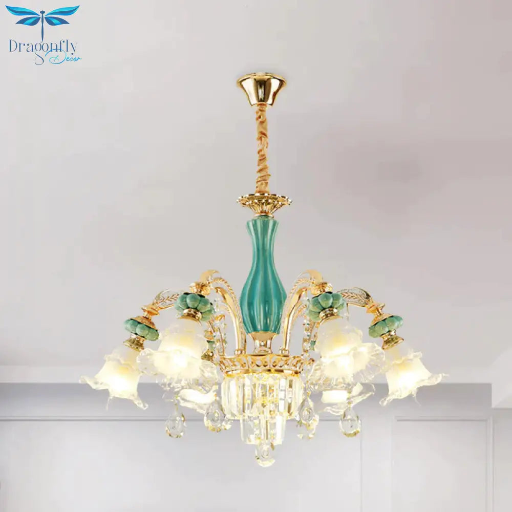6 - Head Drooping Flower Chandelier Retro Gold - Teal Frosted Glass Suspension Lamp With Crystal