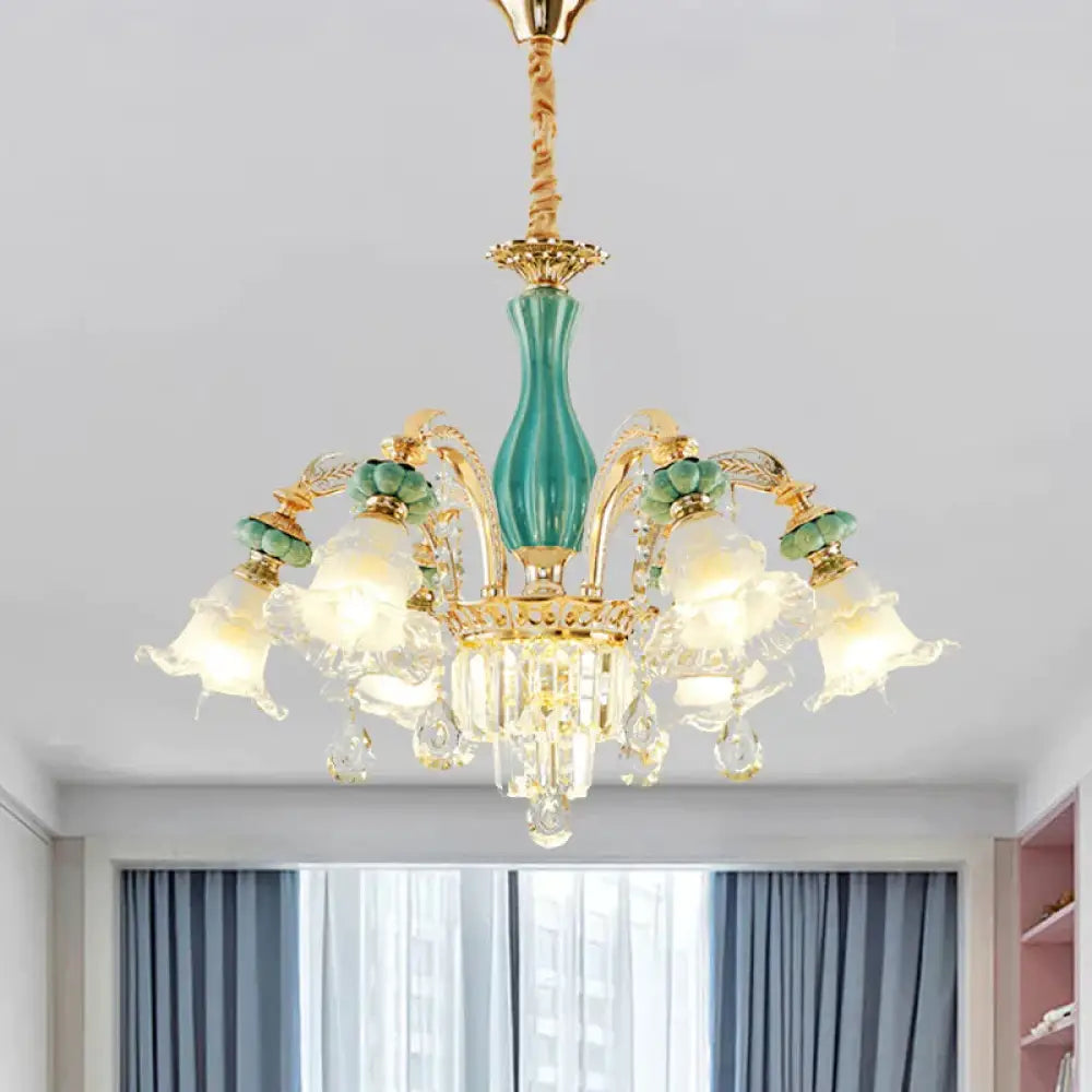 6 - Head Drooping Flower Chandelier Retro Gold - Teal Frosted Glass Suspension Lamp With Crystal