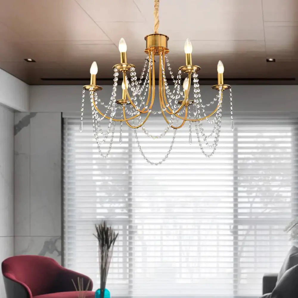 6 Heads Candle Style Ceiling Pendant Light Modern Gold Crystal Beaded Chandelier