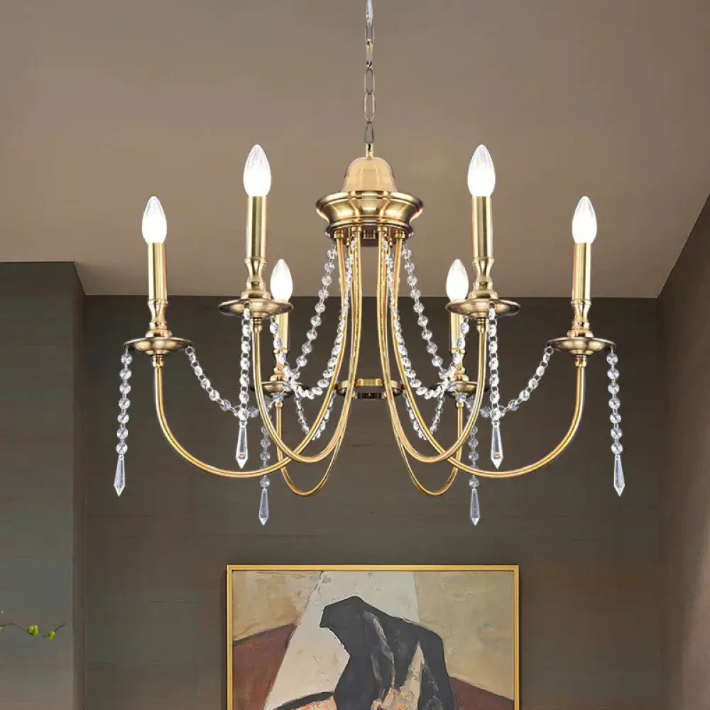 6 Heads Crystal Strand Hanging Light Postmodern Gold Candle Bedroom Chandelier Lamp