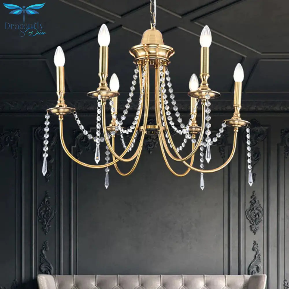 6 Heads Crystal Strand Hanging Light Postmodern Gold Candle Bedroom Chandelier Lamp