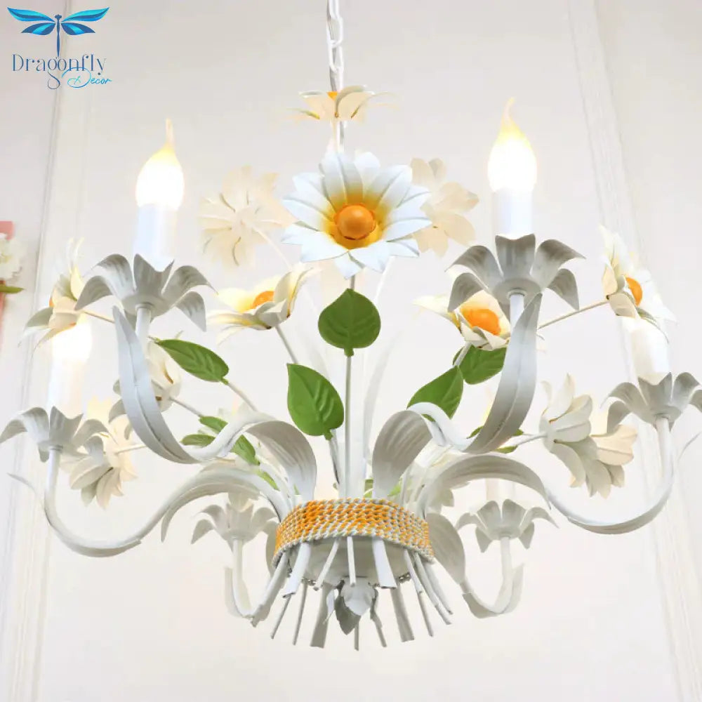 6 Heads Daisy Flower Bunch Chandelier American Garden White Iron Hanging Light With Candle Design