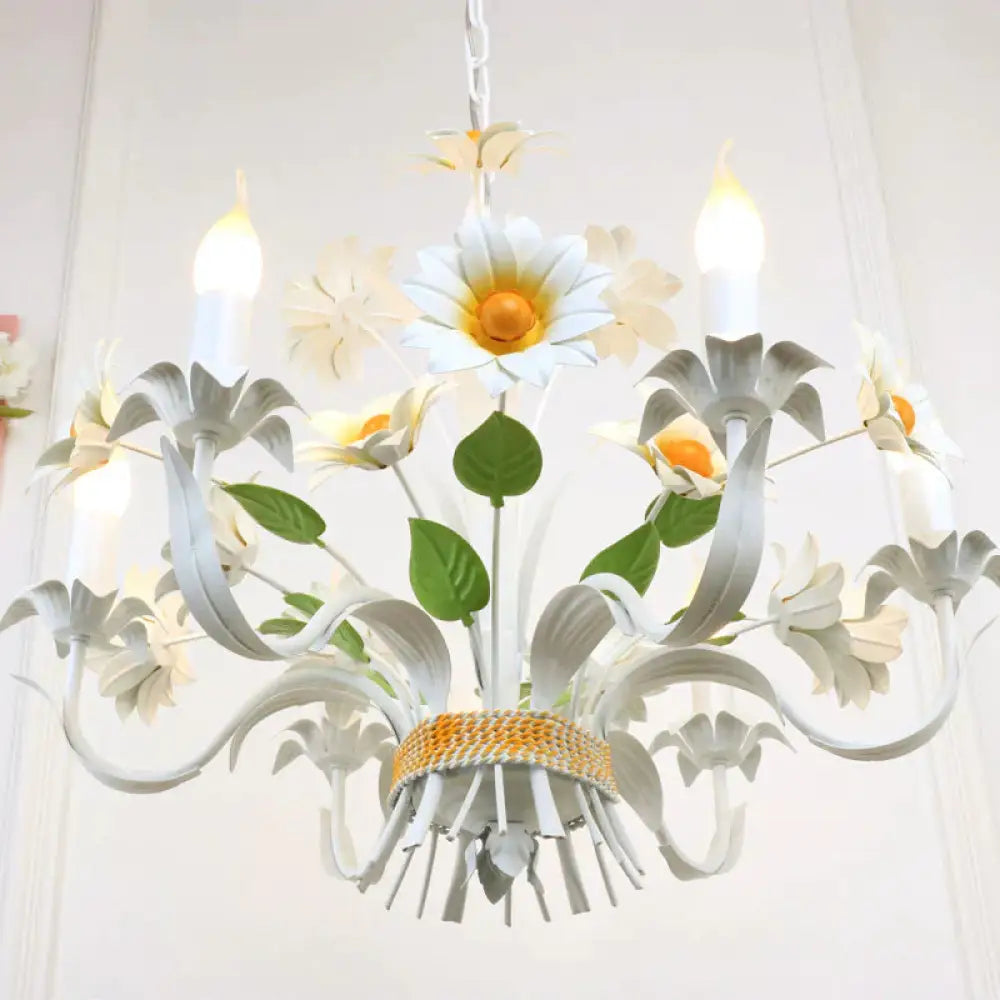 6 Heads Daisy Flower Bunch Chandelier American Garden White Iron Hanging Light With Candle Design
