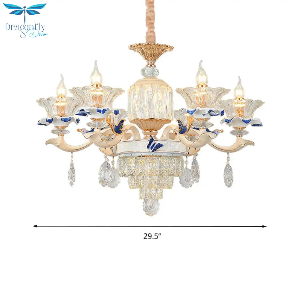 6 Heads Dining Room Chandelier Lamp Tradition Gold Hanging Light Fixture With Flared Clear Glass