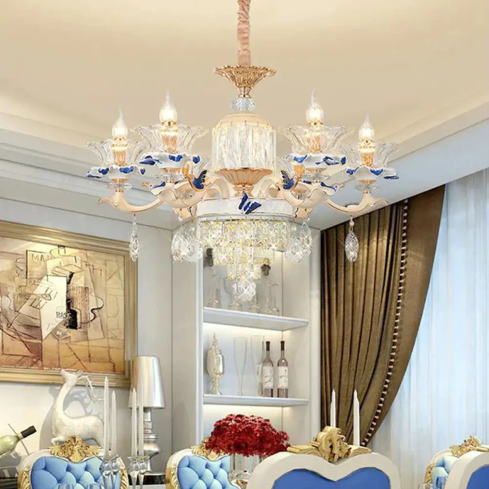 6 Heads Dining Room Chandelier Lamp Tradition Gold Hanging Light Fixture With Flared Clear Glass