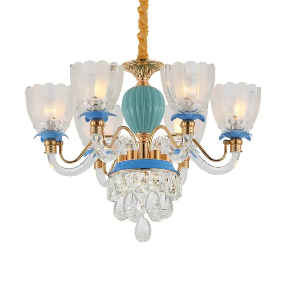 6 Heads Floral Shaped Chandelier Lamp Traditional Blue Crystal Suspension Pendant