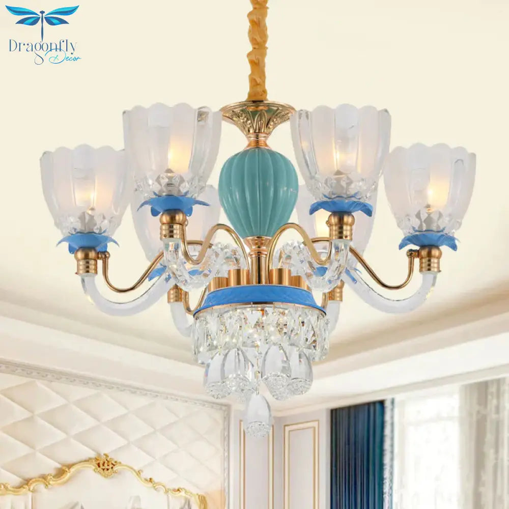 6 Heads Floral Shaped Chandelier Lamp Traditional Blue Crystal Suspension Pendant