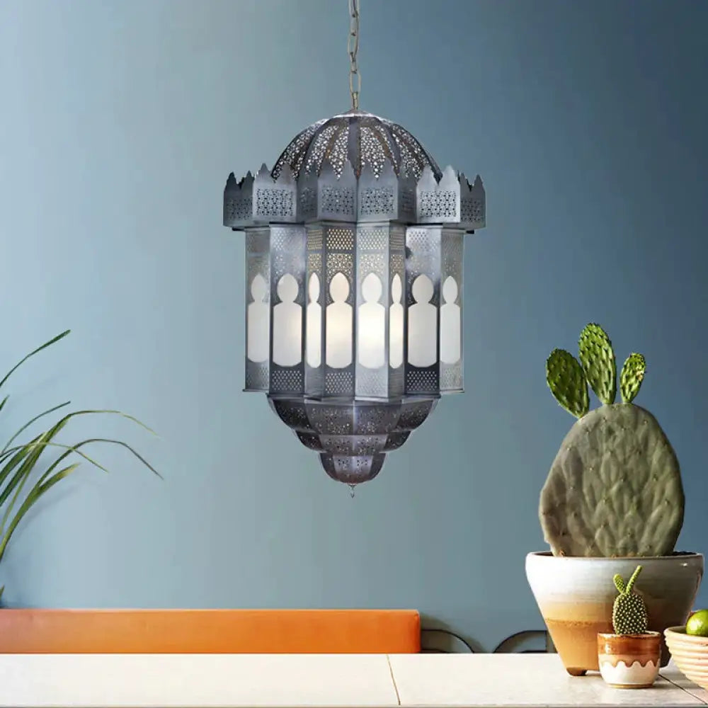 6 Heads Lantern Ceiling Chandelier Art Deco Grey Finish Metallic Hanging Pendant Light