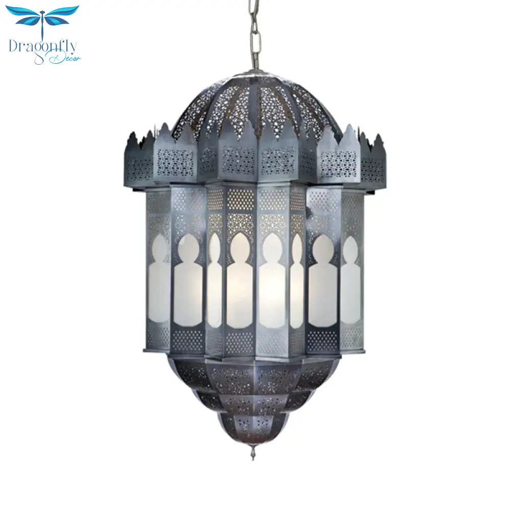 6 Heads Lantern Ceiling Chandelier Art Deco Grey Finish Metallic Hanging Pendant Light