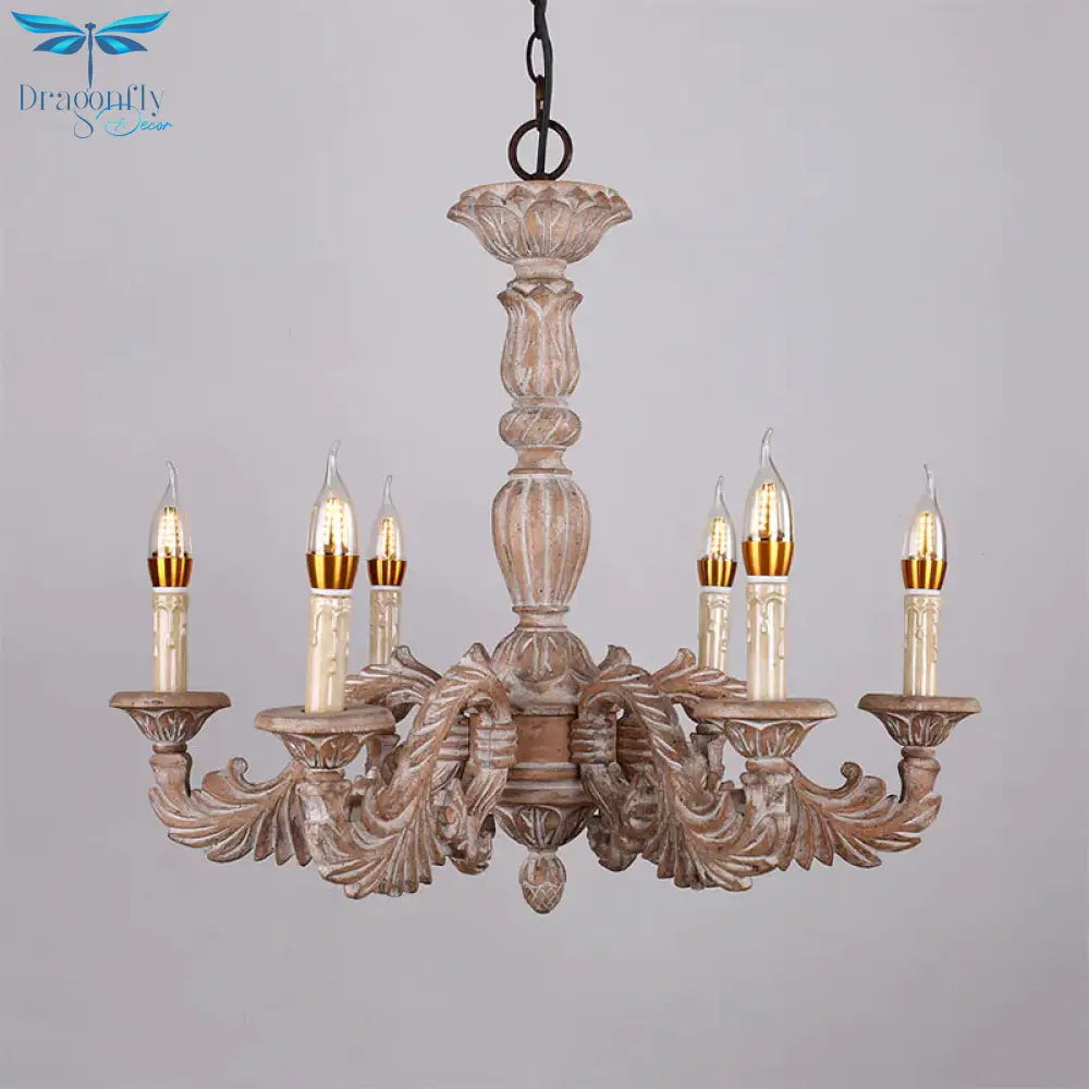 6 Heads Living Room Hanging Chandelier Traditional Brown Ceiling Pendant Light With Branch Wood