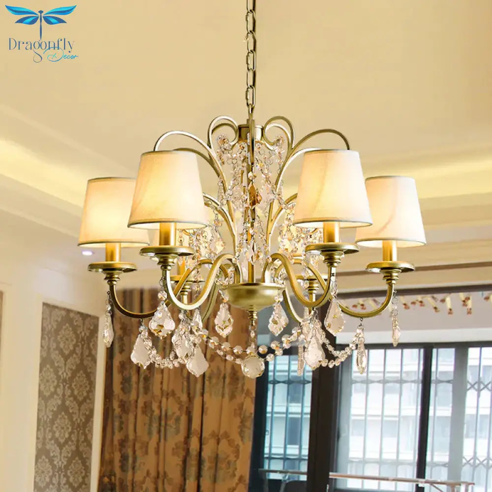 6 Heads Suspension Light With Tapered Crystal Stands Traditional Dinning Hall Chandelier In Gold