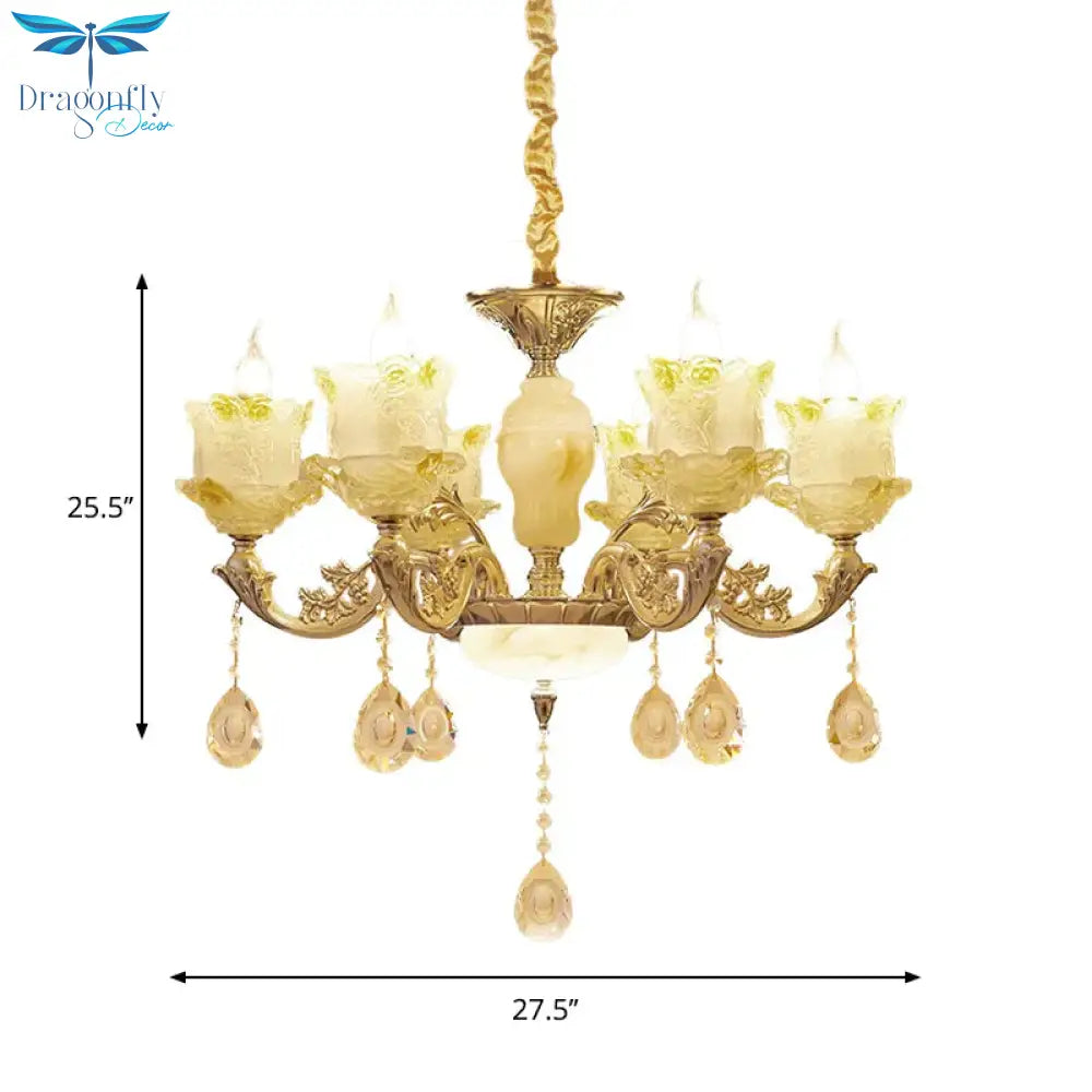 6 Heads Swirling Arm Chandelier Light Traditional Brass Crystal Bell Shade Pendant With Clear Glass