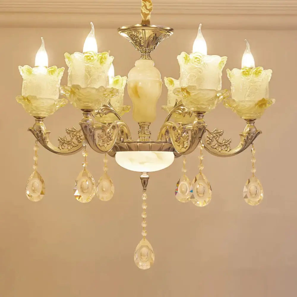 6 Heads Swirling Arm Chandelier Light Traditional Brass Crystal Bell Shade Pendant With Clear Glass