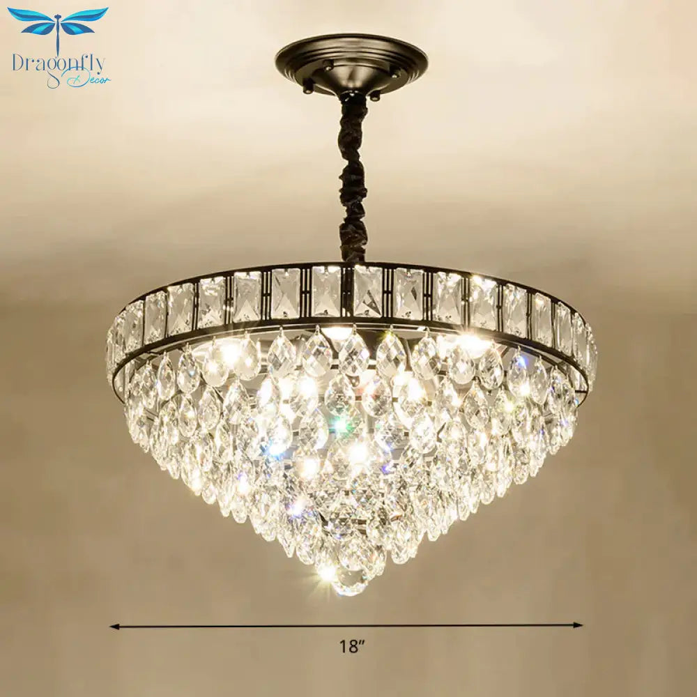 6 Heads Tapered Pendant Light Fixture Simple Style Black Teardrop Crystal Chandelier