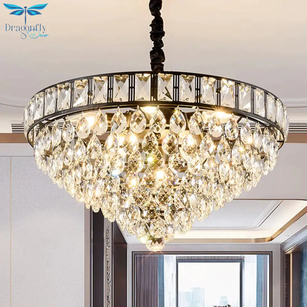 6 Heads Tapered Pendant Light Fixture Simple Style Black Teardrop Crystal Chandelier