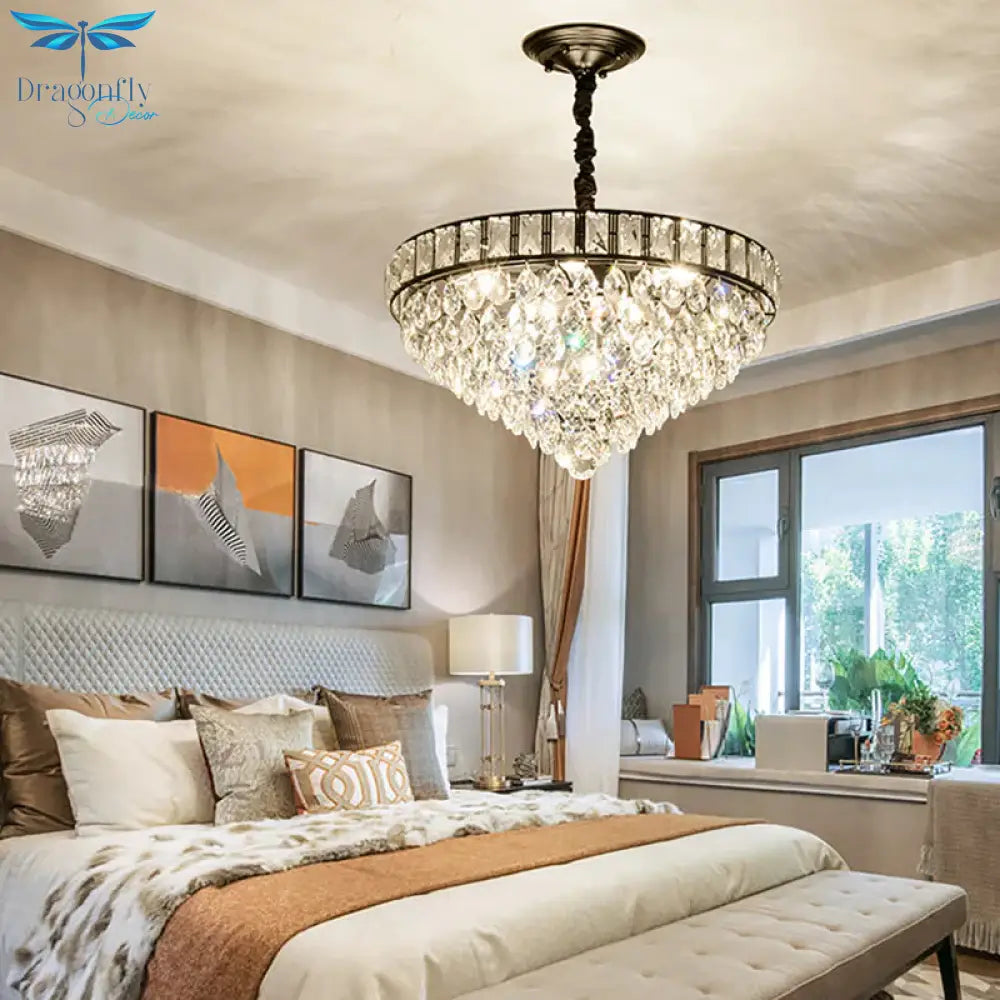 6 Heads Tapered Pendant Light Fixture Simple Style Black Teardrop Crystal Chandelier