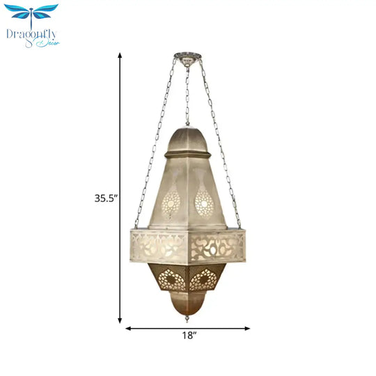 6 Heads Tower Chandelier Lighting Arab Brass Finish Metallic Hanging Ceiling Lamp With Chain
