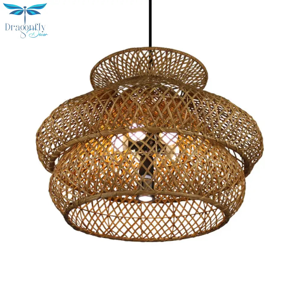 6 Heads Wide Flare Ceiling Chandelier Asian Bamboo Hanging Pendant Light In Brown