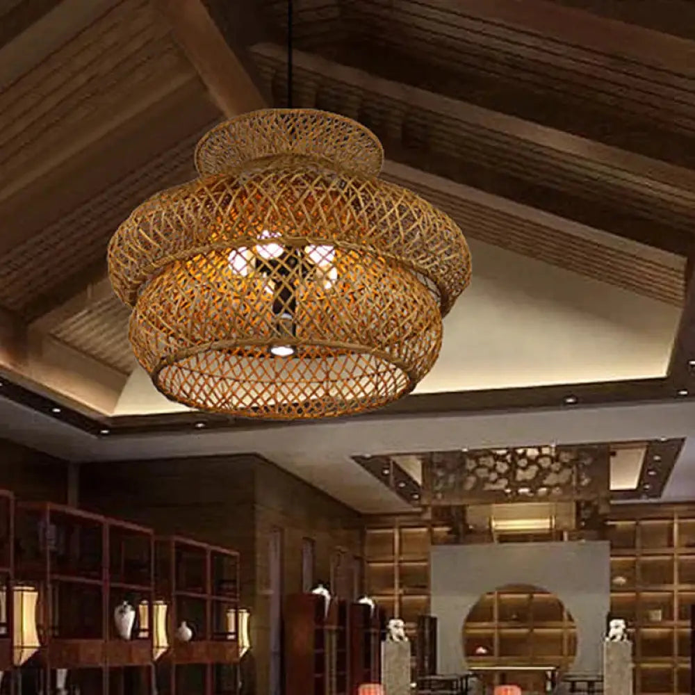 6 Heads Wide Flare Ceiling Chandelier Asian Bamboo Hanging Pendant Light In Brown