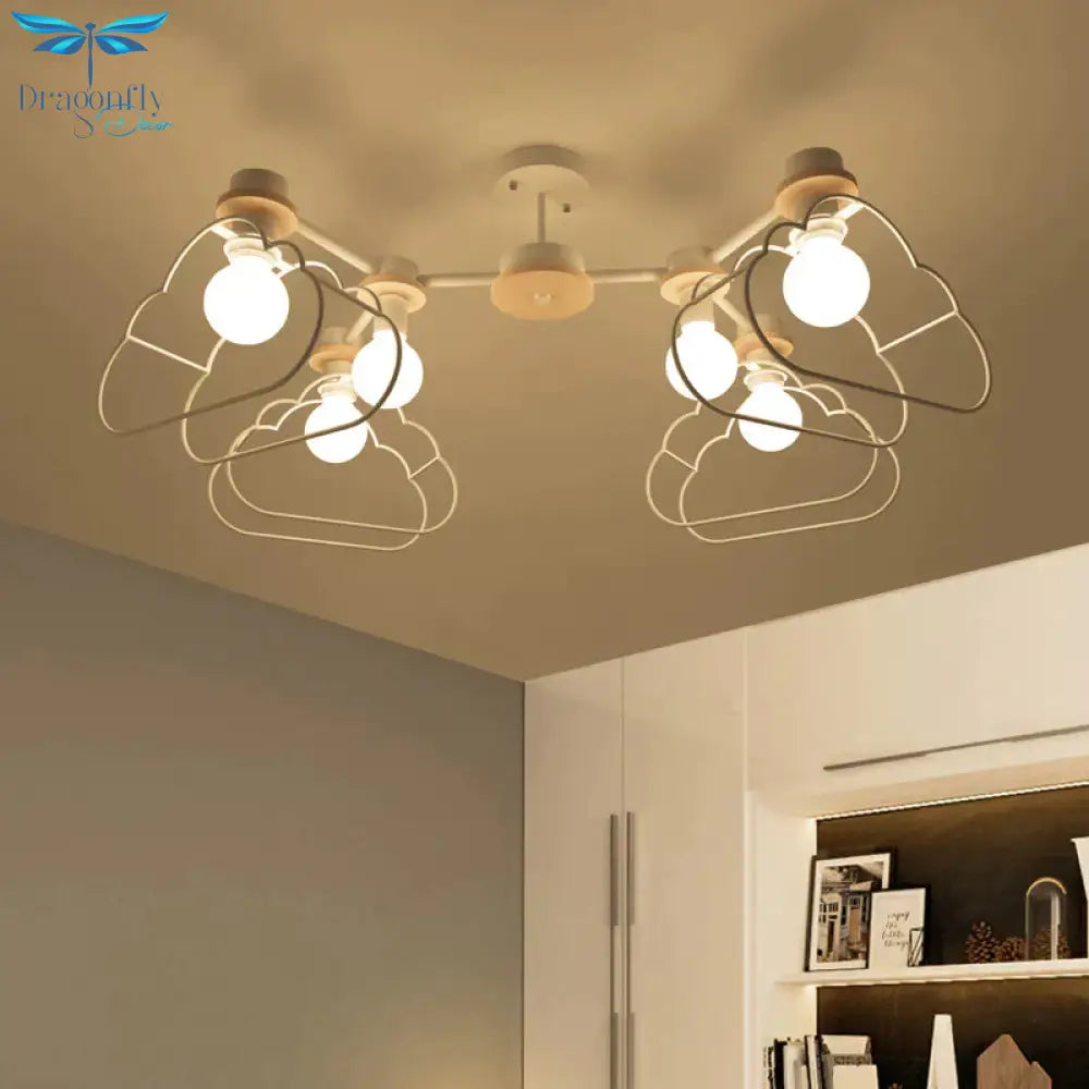 6 - Light Bedroom Hanging Chandelier Cartoon White Pendant Lamp With Cloud/Star Iron Cage And Wood