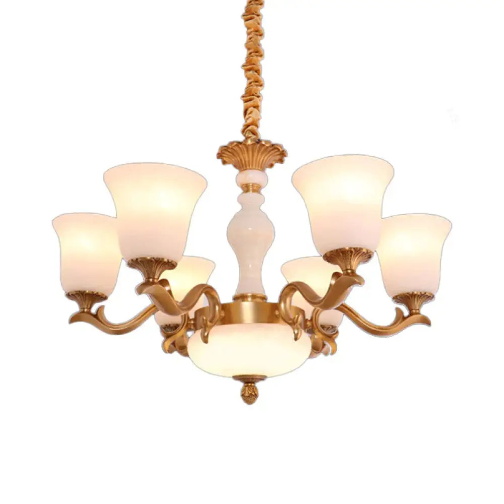 6 - Light Bell Up Chandelier Lamp Vintage Brass Cream Glass Pendant Light Fixture For Bedroom