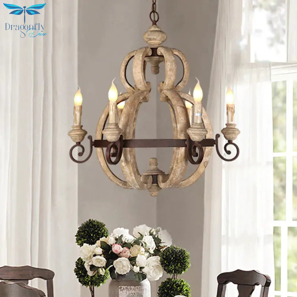 6 - Light Chandelier Light Antique Living Room Suspension Pendant With Candle Wood In Beige