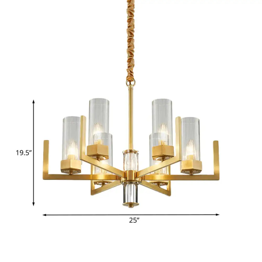 6 - Light Clear Glass Chandelier Lamp Colonialism Gold Column Living Room Ceiling Pendant Light