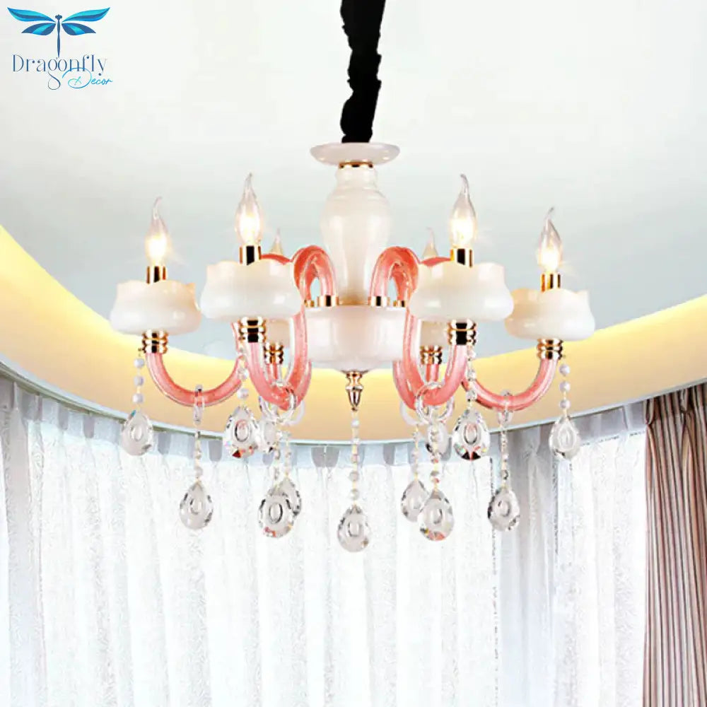 6 - Light Pendant Chandelier Retro Candle Crystal Hanging Lamp In White An Pink For Bedroom