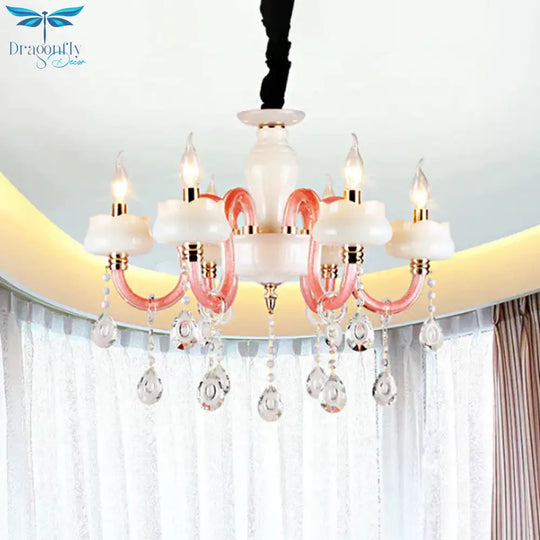 6 - Light Pendant Chandelier Retro Candle Crystal Hanging Lamp In White An Pink For Bedroom