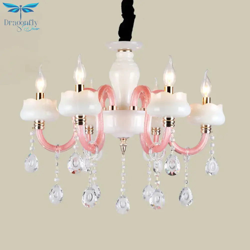 6 - Light Pendant Chandelier Retro Candle Crystal Hanging Lamp In White An Pink For Bedroom