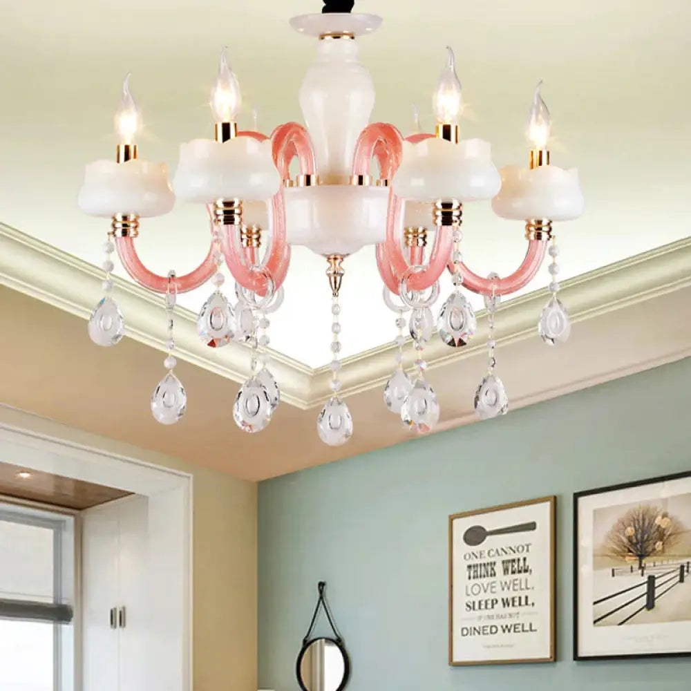 6 - Light Pendant Chandelier Retro Candle Crystal Hanging Lamp In White An Pink For Bedroom