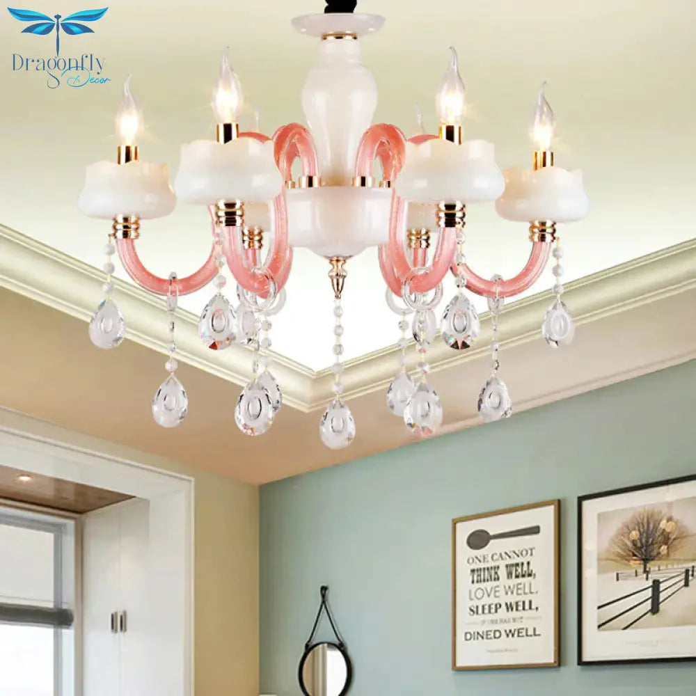 6 - Light Pendant Chandelier Retro Candle Crystal Hanging Lamp In White An Pink For Bedroom White -