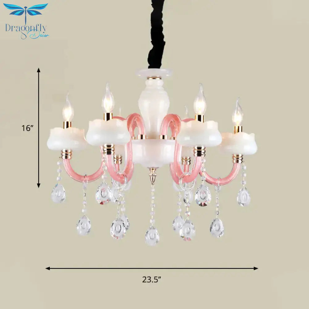 6 - Light Pendant Chandelier Retro Candle Crystal Hanging Lamp In White An Pink For Bedroom