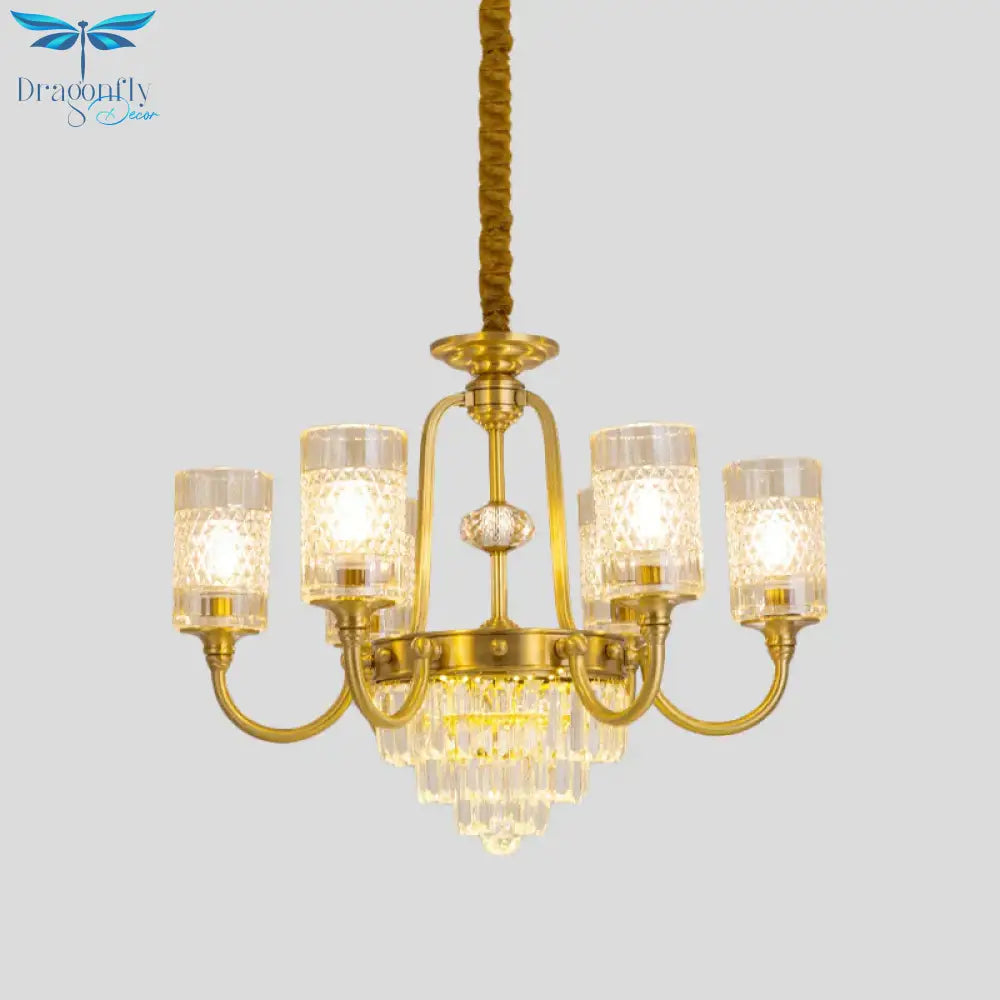 6 - Light Pillar Hanging Chandelier Postmodern Gold Textured Glass Pendant Lamp With Tiered Crystal