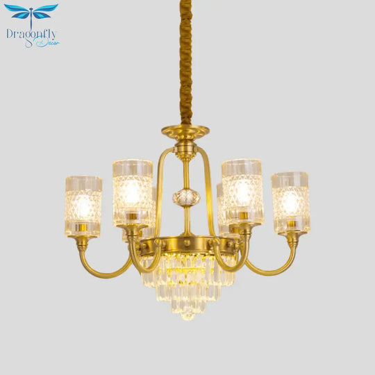 6 - Light Pillar Hanging Chandelier Postmodern Gold Textured Glass Pendant Lamp With Tiered Crystal