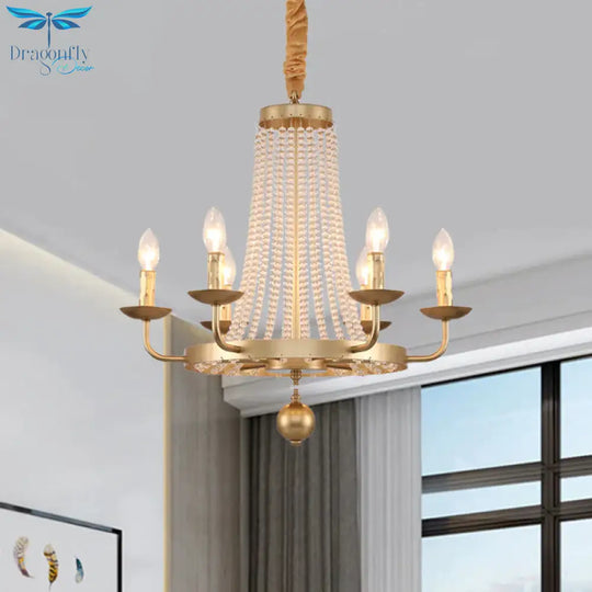 6 - Light Ring Hanging Chandelier Country Style Gold Finish Crystal Strand Candle Ceiling Lamp
